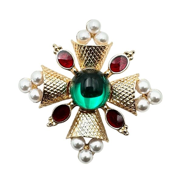 Red Green Rhinestone Gold Tone Maltese Cross Statement Brooch Pin New - Picture 4 of 4